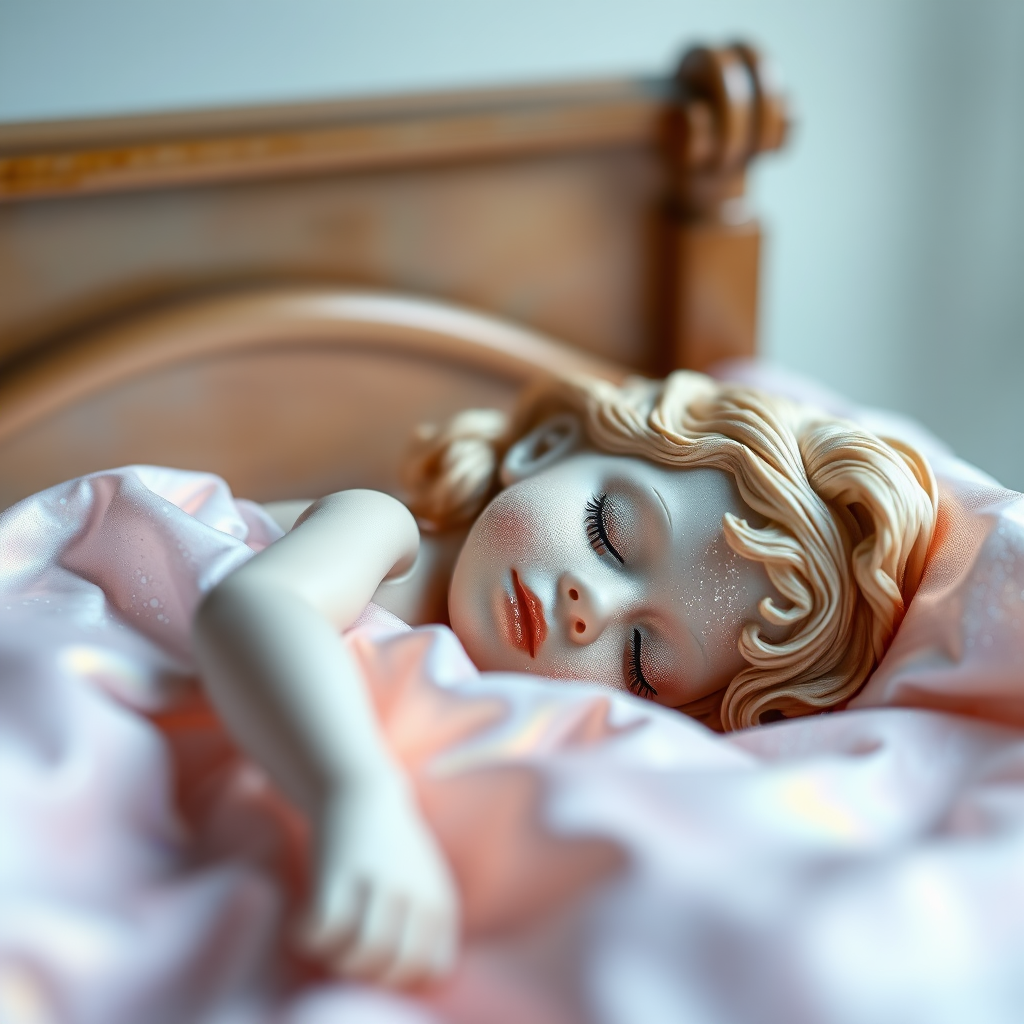 porcelain doll sleeping in bed, iridescent, glittering, panoramic landscape, focus stacking, abstract, minimalist art, in focus, preteen girl statue, composition