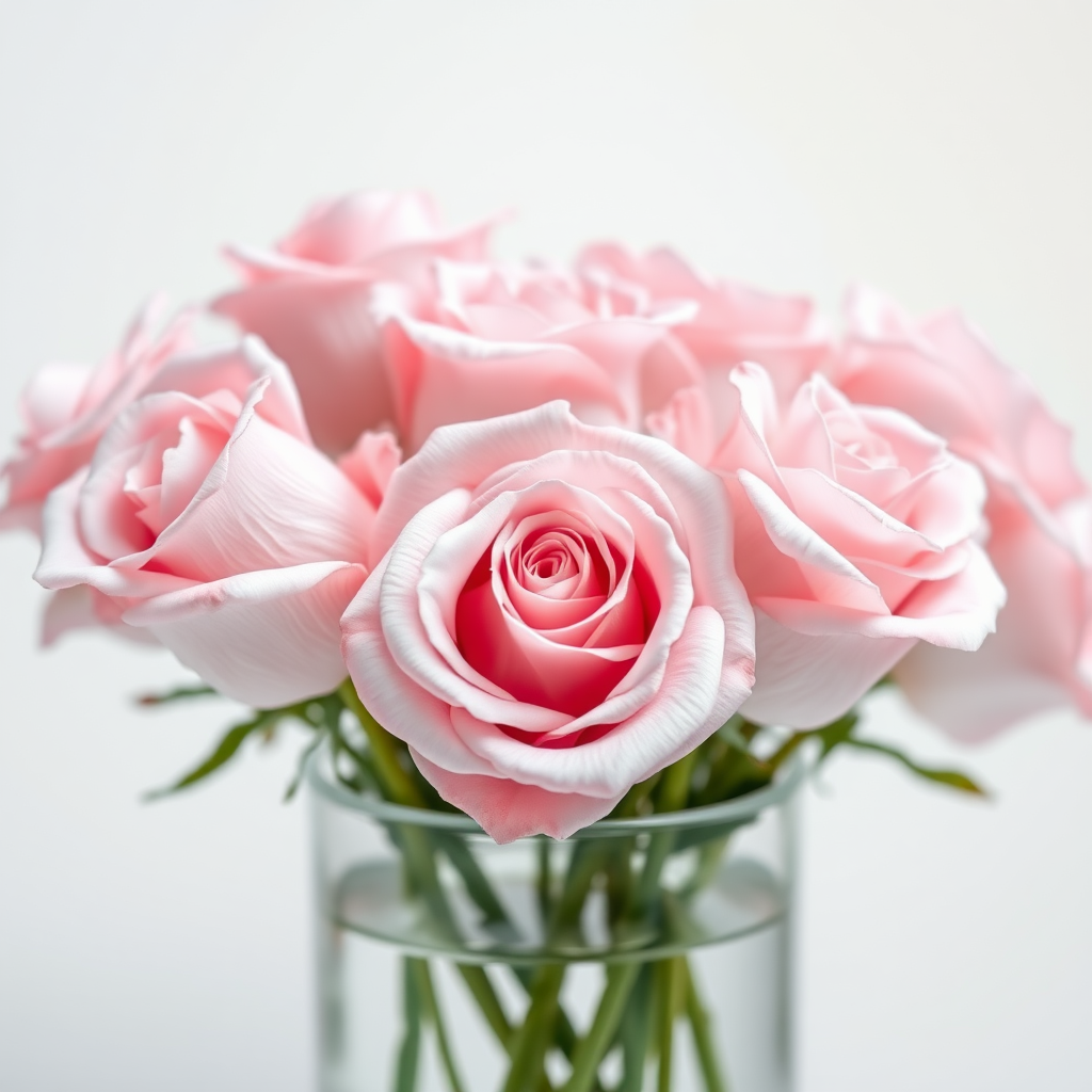 A close-up of a delicate bouquet of soft pink roses arranged in a clear glass vase, captured with a hyperrealistic style. The background is a smooth, muted white, enhancing the vibrant details of the petals. The roses exhibit varying shades of pink, with subtle gradients and velvety textures. The natural green stems are visible beneath the water in the vase, adding a fresh and organic feel. Soft, diffused lighting creates a gentle atmosphere, highlighting the intricate layers of each rose and casting soft shadows. The overall composition conveys elegance, beauty, and tranquility.