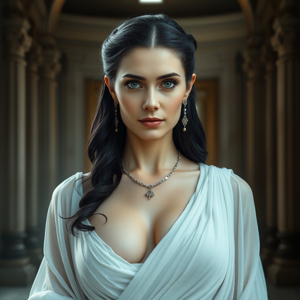 The female queen, aged 40, possesses pale skin complemented by striking grey eyes and a seductive gaze, with black Greek-style hair that frames her youthfully smooth visage with subtle wrinkles. Her attire consists of a sheer, white, low-cut Roman garment that exposes her ample bosom, allowing the skin of her breasts to peek through the fabric. She adorns herself with elegant earrings and a necklace, exuding a captivating MILF allure within the grandiose setting of a majestic castle, all captured under the dramatic flair of cinematic movie lighting and presented with ultra-high-definition 8k photographic detail.