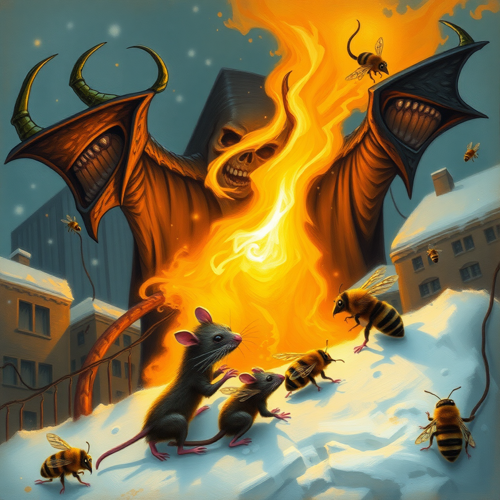 Demon rats invading Boston, Satan, blizzard, honey ad, bees