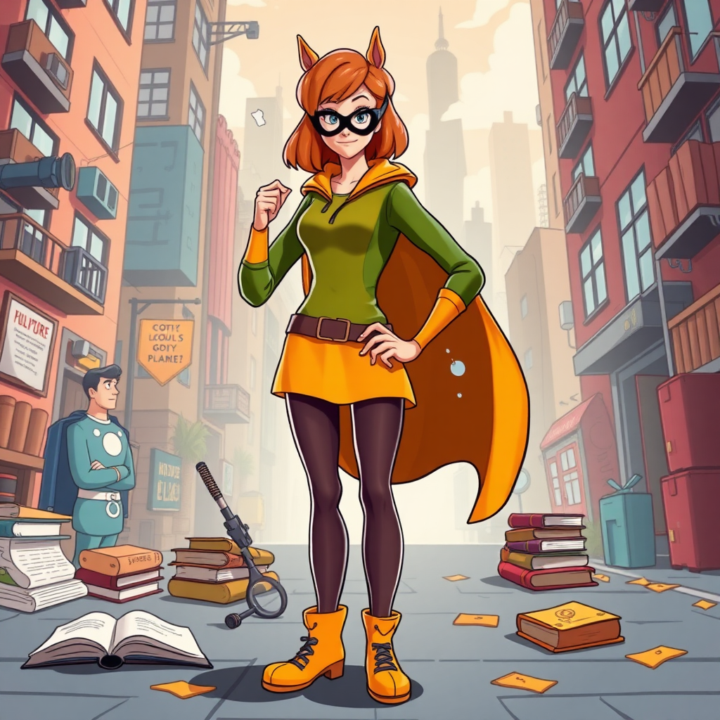 Create a full-length photorealistic image of a hybrid character: Velma Dinkley from Scooby-Doo combined with the body of a male superhero. Maintain Velma's iconic costume but modify it to fit her new proportions. Design the background using elements inspired by Velma's inquisitive and intelligent nature, featuring elements like magnifying glasses, books, and mysterious clues, all set in a stylized, cartoonish urban setting that complements the hybrid character. Prioritize vibrant colors and dynamic poses to convey a sense of action and curiosity.