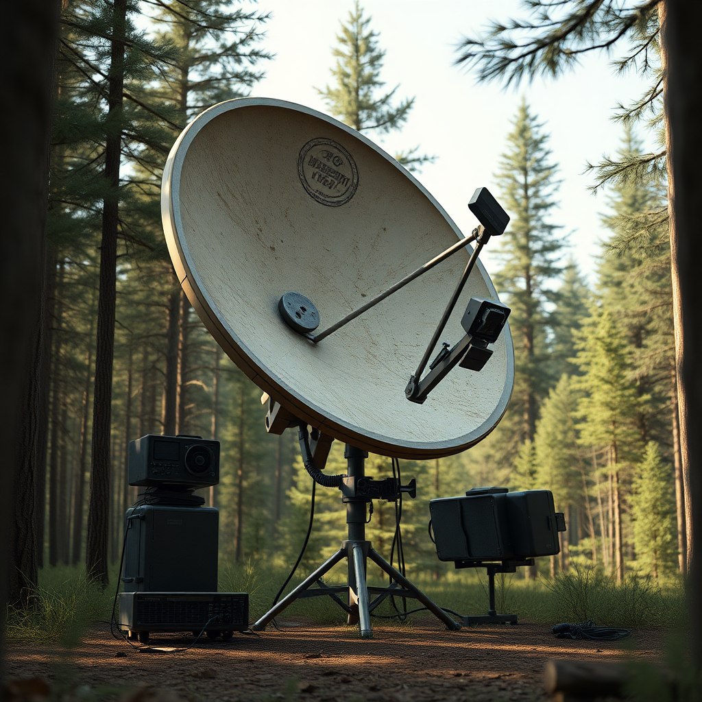 a full shot image of a high tech experimental rustic vintage satellite dish on a stand connected to some devices and equipment, 3d render in forest, concept art