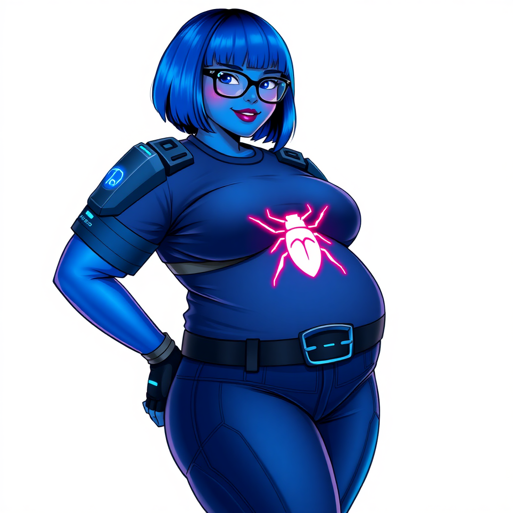 A 28-year-old, full-figured, metallic maximum blue (5PB 5/10) skinned computer program hybrid with a maximum blue bob cut. She has a non-athletic build, highlighted by a prominent, round, large midsection (with emphasis on her round large belly), which shows the effects of her new love of junk food acquired from her boyfriend. As the full-figured, nerdy, digital sidekick to her cyberpunk vigilante boyfriend, her metallic maximum blue skin and maximum blue lipstick (5PB 5/12) emphasize her digital nature. Her skin has a subtle, animated glow, with digital patterns occasionally flickering across it, making her digital nature obvious. She wears a digital, computerized costume, consisting of a massive, tight-fitting, maximum blue t-shirt (5PB 5/12) made out of advanced nanotech with a neon blue glowing chest icon of a beetle, hi-tech shoulder pads with neon blue accents, a black hi-tech belt with a digital neon blue glowing buckle, digital maximum blue biker pants (5PB 5/12) with neon blue accents, and black hi-tech fingerless biker gloves with neon blue glowing accents. Her neon blue glowing eyes, black eyeglasses with neon blue glowing lenses equipped with a built-in HUD, and bashful smile with neon red blush accentuate her nerdiness. She stands bashfully with one hand behind her back and the other hand gently touching her cheek, her costume covering all her skin and emphasizing her full figure (especially her round large belly). She is clearly non-athletic, with a focus on her full-figured physique. Despite her build, she radiates beauty. She has a slim face compared to her physique, accentuating her radiant beauty. She is on a solid white background. She is drawn as if she were in a retro 2D cyberpunk fighting game.