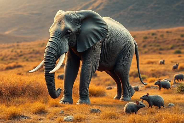 Create a full-length photorealistic image of an elephant displaying the musculature and framework of a mouse, while keeping the head fully intact, showcasing detailed facial features. The animal should exhibit a blend of thick, textured skin and soft, furry accents. The background combines elements of a natural habitat inspired by both elephants and mice, featuring a vibrant blend of grasslands and small burrows, with gentle lighting that enhances the surreal nature of the scene. Capture the essence of both animals in a harmonious yet strikingly unique composition.