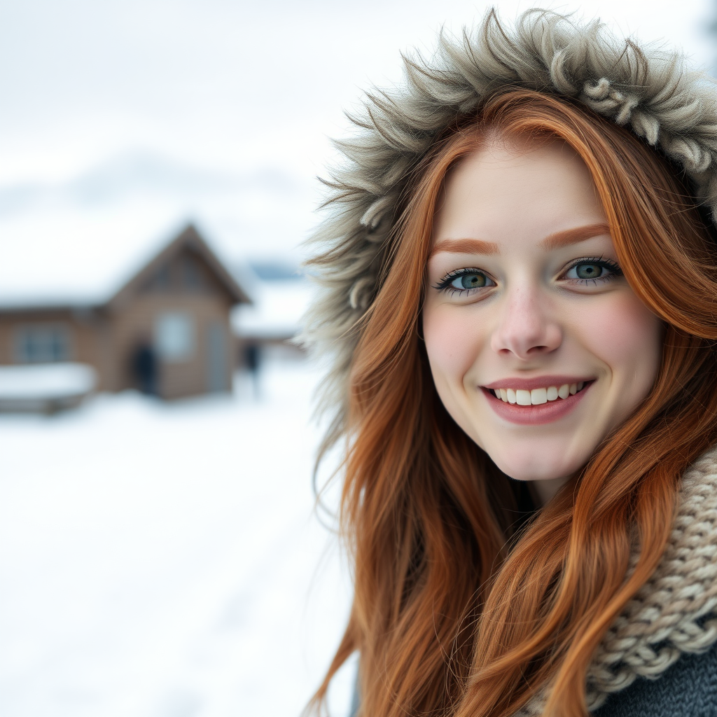 beautiful young woman with lush ginger long hair, full lips, perfect eyebrows, pale skin, on Alaska during winter happy in Anchorage