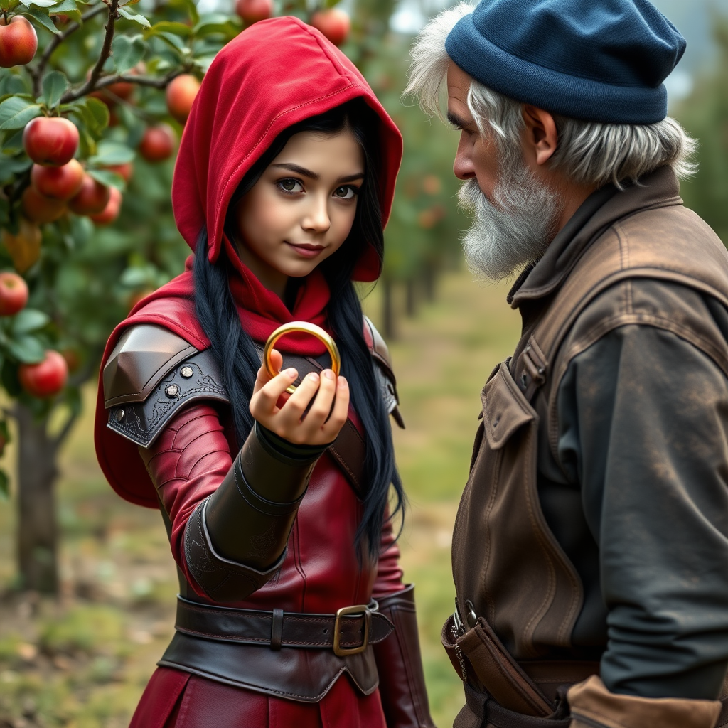 A photo realistic girl with black hair and brown eyes in red leather armor and a red hood holding up a gold ring to an old man in dirty work clothes while standing in an apple tree orchard