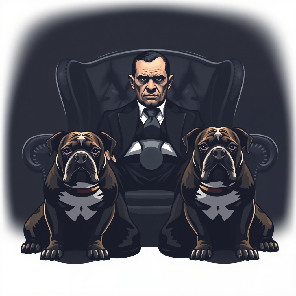 Simple seal design  
Two pit bulls are sitting at his feet. The mafia boss is glaring straight ahead. The mafia boss is sitting in a black, luxurious chair. The image has a dim atmosphere.