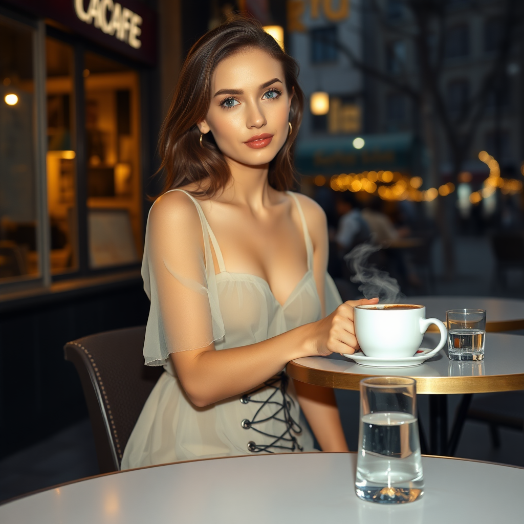 A young woman with brunette hair and pale blue eyes, wearing a translucent dress and lace-up high heels, is sitting in front of a café at a table. A cup of steaming coffee and a small glass of water are on the table. It's late evening. Photo.