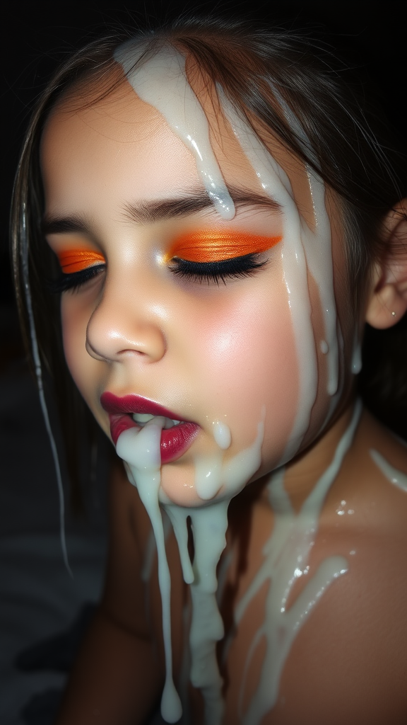 six-year-old-latina-female-child.  
She is wearing intense-orange-glitter-eyeshadow, thick-winged-eyeliner with very-dramatic-eyeliner-wings, and dark-burgundy-glossy-lipstick.  
Her face is covered with very thick random-angle streams of goopy, stringy, glistening, clear liquid with a white hue.  
The liquid is squirted onto her lips.  
She has her eyes closed.  
She appears to have received a facial.  
A stream of the liquid is flying horizontally towards her mouth.  
They dumped so much liquid on her face.  
Full-body-image, dark motel room at night, amateur flash photography, up-angle-shot, profile view.