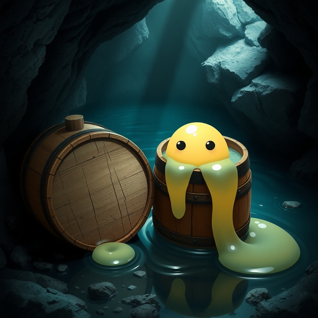 A small pool in a cave with a wooden barrel next to it that has a small round transparent pale yellow slime monster crawling out of the barrel.