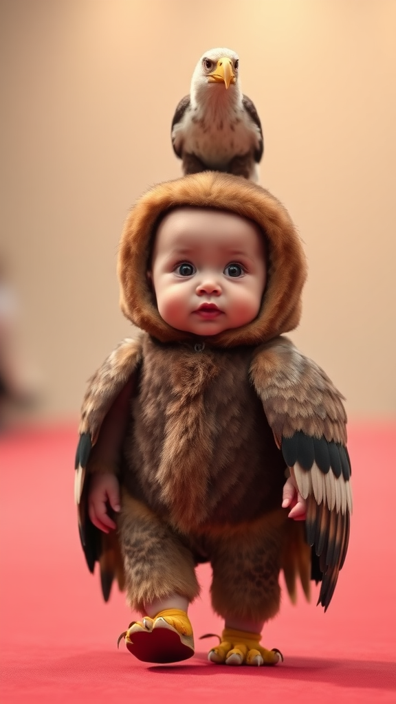 A cute small chubby fair baby with big eyes, pink lips, and pink cheeks, wearing a furry cozy eagle costume, doing a ramp walk in a fashion show, walking with a real eagle, with a cinematic eagle sitting on the baby's head.