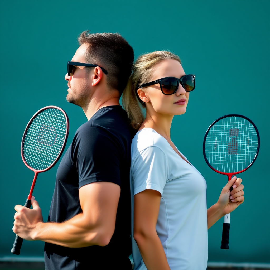 A man and a woman back to back, both wearing sunglasses, both holding badminton racquets, sports.