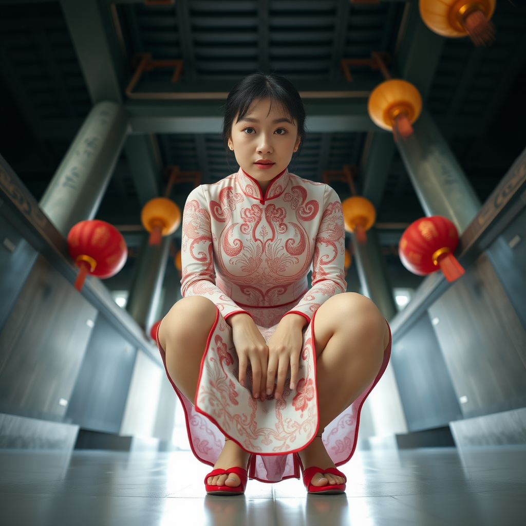 photo hyperrealistic low angle POV full body view June Liu squatting wearing qipao looking down at viewer