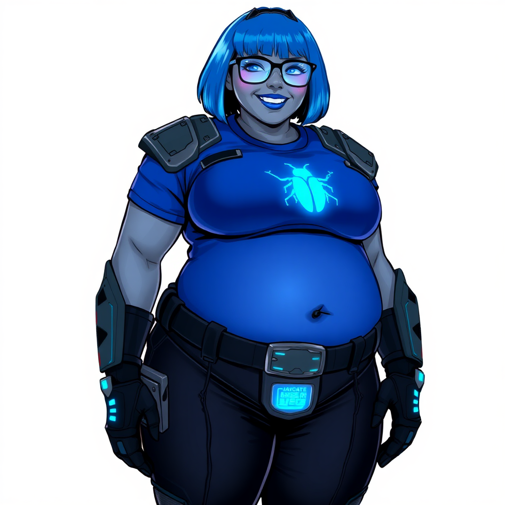 A 28-year-old, full-figured, middle gray skinned computer program hybrid with a maximum blue bob cut. She has a non-athletic build, highlighted by a prominent, round, large midsection (with heavy emphasis on her belly). As a digital sidekick, computer hacker, and nerdy girlfriend to her cyberpunk vigilante boyfriend, her middle gray metallic skin and maximum blue lipstick emphasize her digital nature. She wears a digital, computerized costume consisting of a gargantuan, tight-fitting, hi-tech, maximum blue t-shirt with a neon blue beetle glowing chest icon, hi-tech shoulder pads with neon blue accents, a black digital belt with a digital neon blue glowing buckle, black biker pants with neon blue glowing accents, and black hi-tech gloves with neon blue glowing accents. Her neon blue glowing eyes, black eyeglasses with a neon blue glowing HUD built in its lenses, and lovestruck smile with neon red blush accentuate her nerdiness. She stands bashfully with her hands behind her back, her costume covering all her skin and emphasizing her full-figured physique (especially her belly). She is clearly non-athletic, with a focus on her full-figured physique. Despite her build, she radiates beauty. She is on a solid white background. She is drawn as if she was in a retro 2D cyberpunk fighting game.