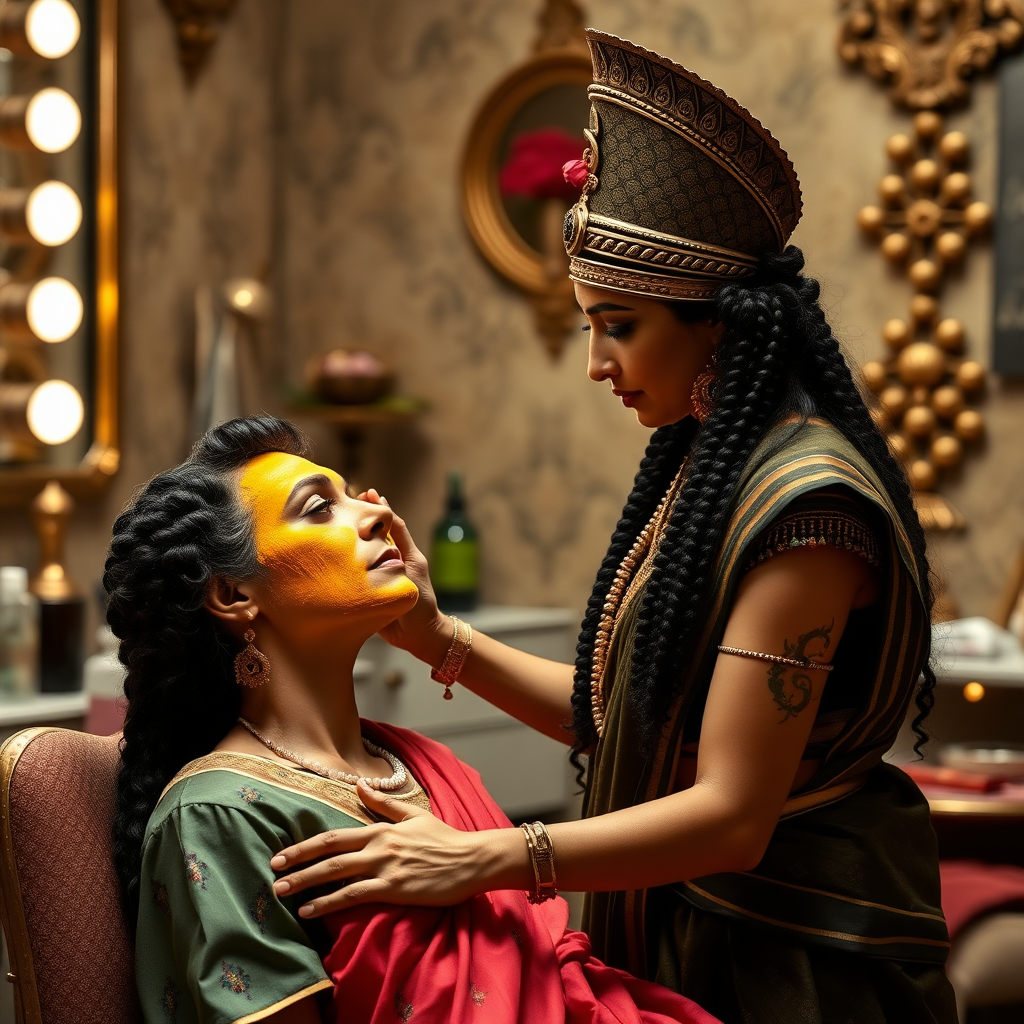 Cleopatra, working in a beauty parlour, giving a turmeric facial to a rich, traditional Indian wife.