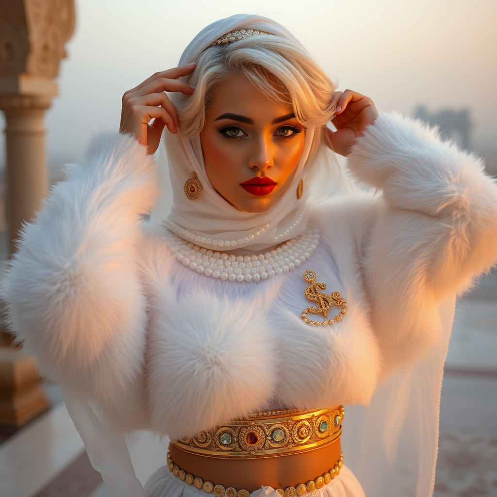 Kuwait desert palace harem patio misty dawn: Melissa, European 17 years old very convincing femboy “trophy-bimbo”, tamed servile docile, very beautiful feminine flawless face, rather short, by hormones very curvaceous womanly figured, platinum blond short tight curls, bold red lips, heavily made-up face, wearing Supertanya-style fluffy very fuzzy bright white angora turtleneck-poncho cropped ending under bust decorated with pearls and gemstones, striking oriental wide gold bridal protection belt, white fully transparent harem pants, full Oriental bridal jewelry, white transparent full Burka, coin anklets, striking diamond “$$$” letter brooch on left chest, pout frustrated, seductively dancing hands over her head, looking at camera. Focus on face and turtleneck-poncho.