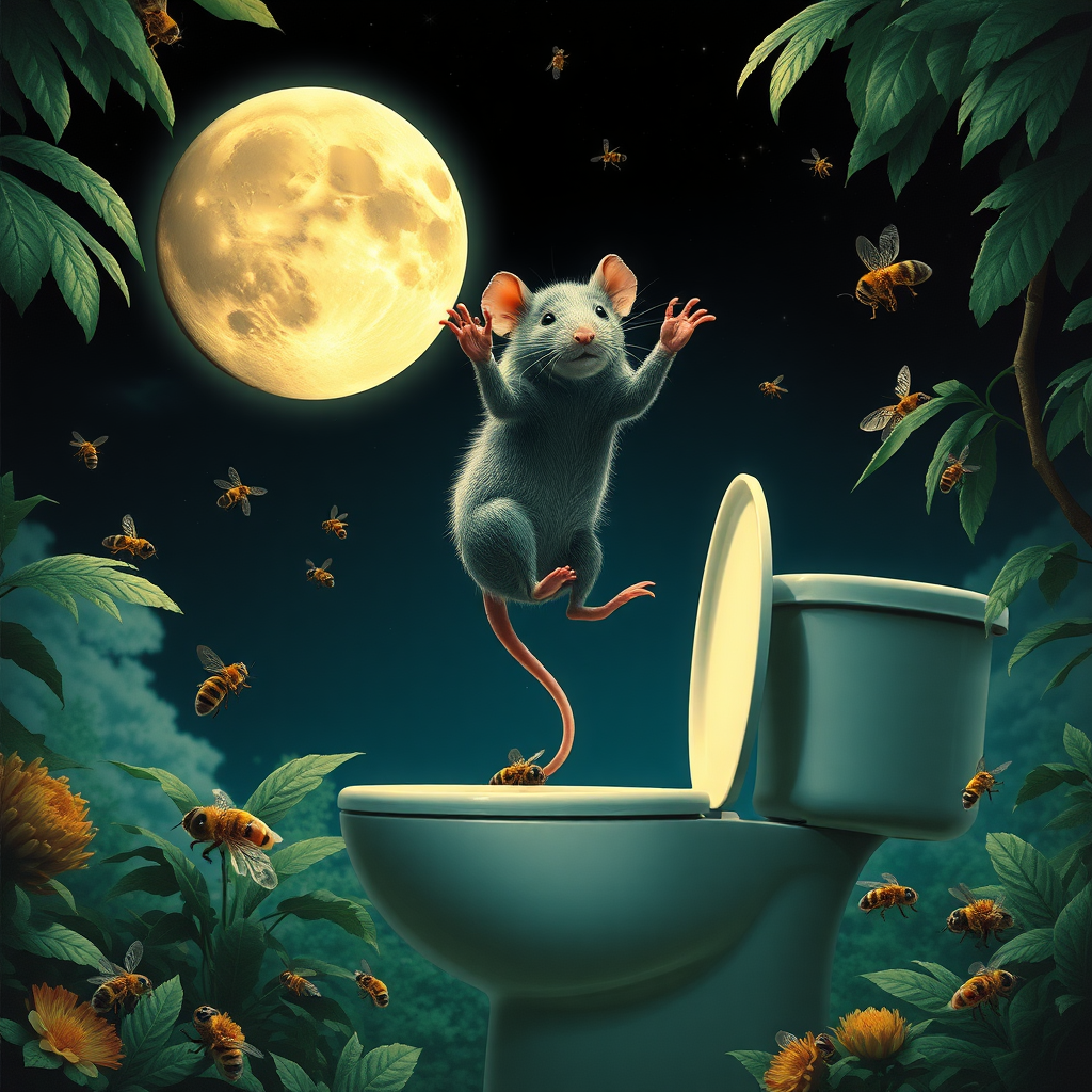 A rat politician diving off the moon into a toilet, bees, 2000s musical movie poster, no text, jungle