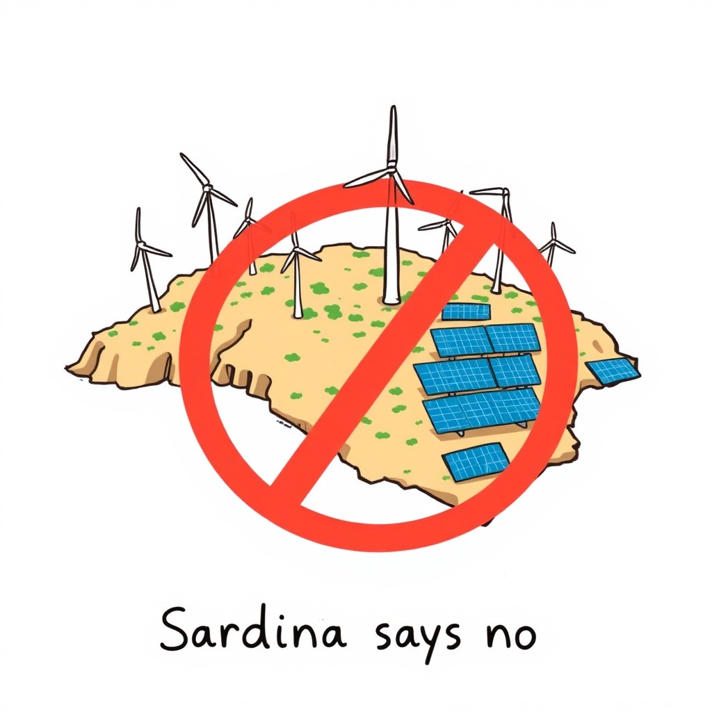 I draw Sardinia, showing it while being overwhelmed by huge wind turbines and photovoltaic panels. The style is a colorful minimalist drawing, text "Sardinia says no."