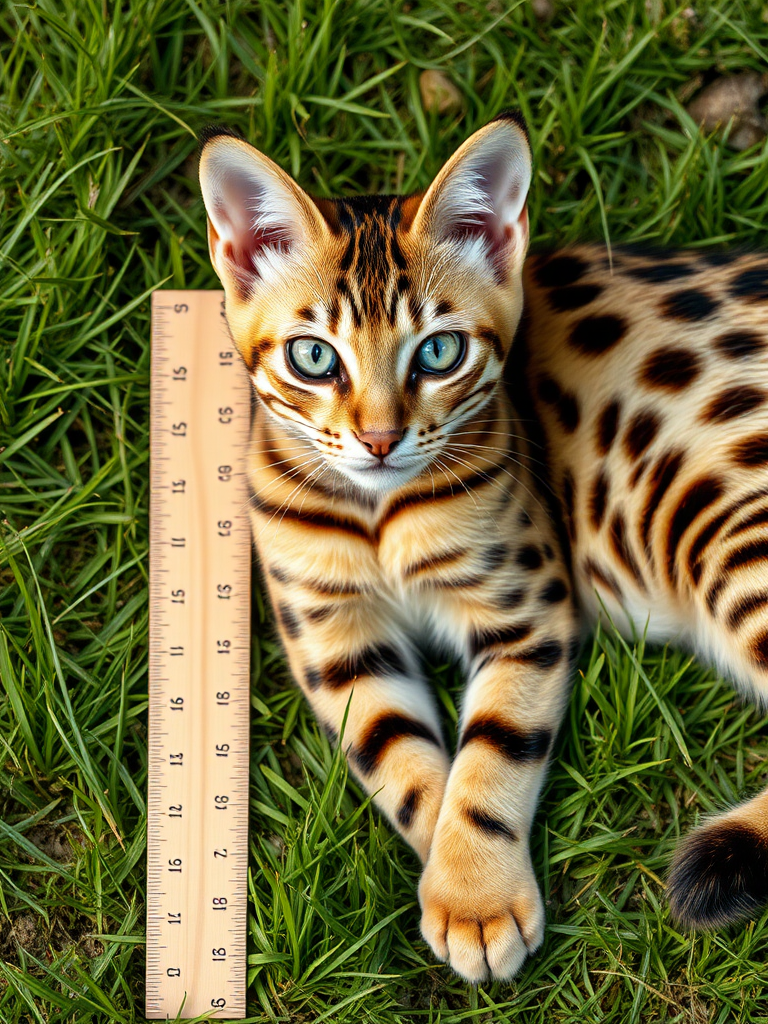 Create a hyper-realistic 4K image of a Rusty-Spotted Cat lying on the grass. Include a ruler next to the cat to measure its body length, which should be indicated as 48 cm. Make sure the fur details are sharp and the overall scene looks natural, with the cat's distinctive markings and the grass clearly visible.