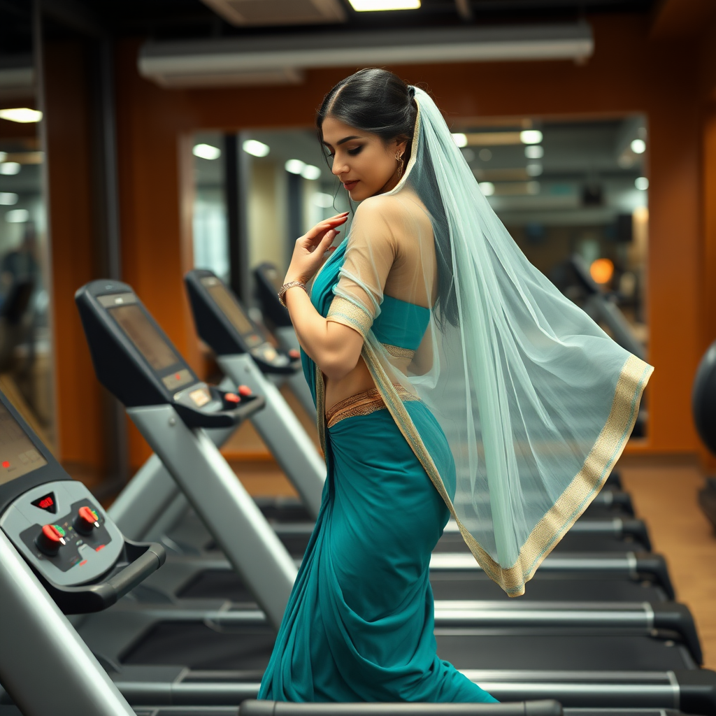 slim, Indian wife, dupatta, working out on Treadmill in gym