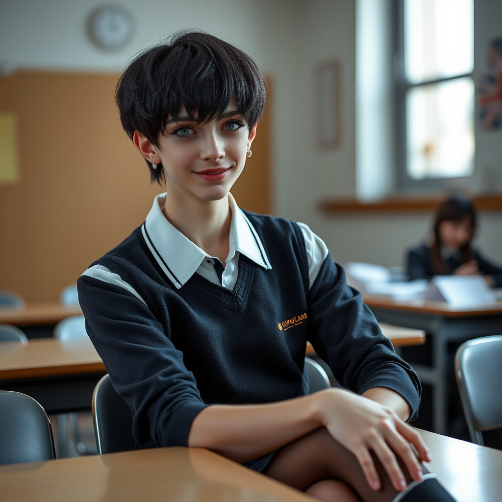 photorealistic, ultra high resolution, 16K, surreal fantasy, soft studio lighting, a pretty 16 year old goth male, slim male physique, short dark hair, blue eyes, goth makeup, earrings, sheer pantyhose, UK girls-school uniform, Mary-Jane shoes, sitting in the classroom, excited smile, facing the camera.