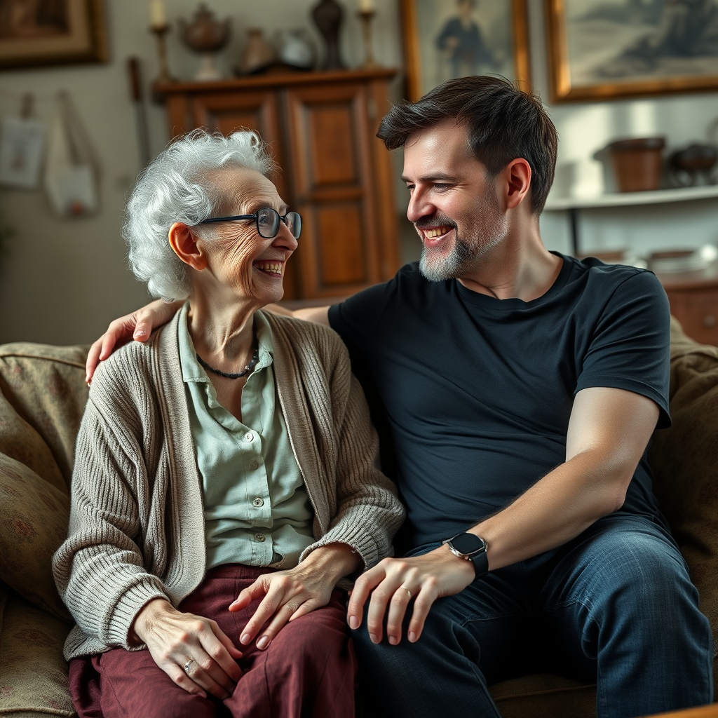 In a scene viewed from an angle and slightly above: In an old-fashioned English living room, a very frail and thin, very elderly English lady with a kind smile, short, thinning white curly hair, wrinkled face, neck and skin, wearing thin framed glasses, an old cardigan, blouse and long skirt is sitting on a sofa with an English man about 40 years old, grey stubble on his chin, brown hair, sitting close next to her on the same sofa, wearing a black T-shirt and dark blue jeans. The man and woman are smiling at each other. The woman is looking at the man's eyes and smiling. The man is looking at the woman's eyes and smiling.