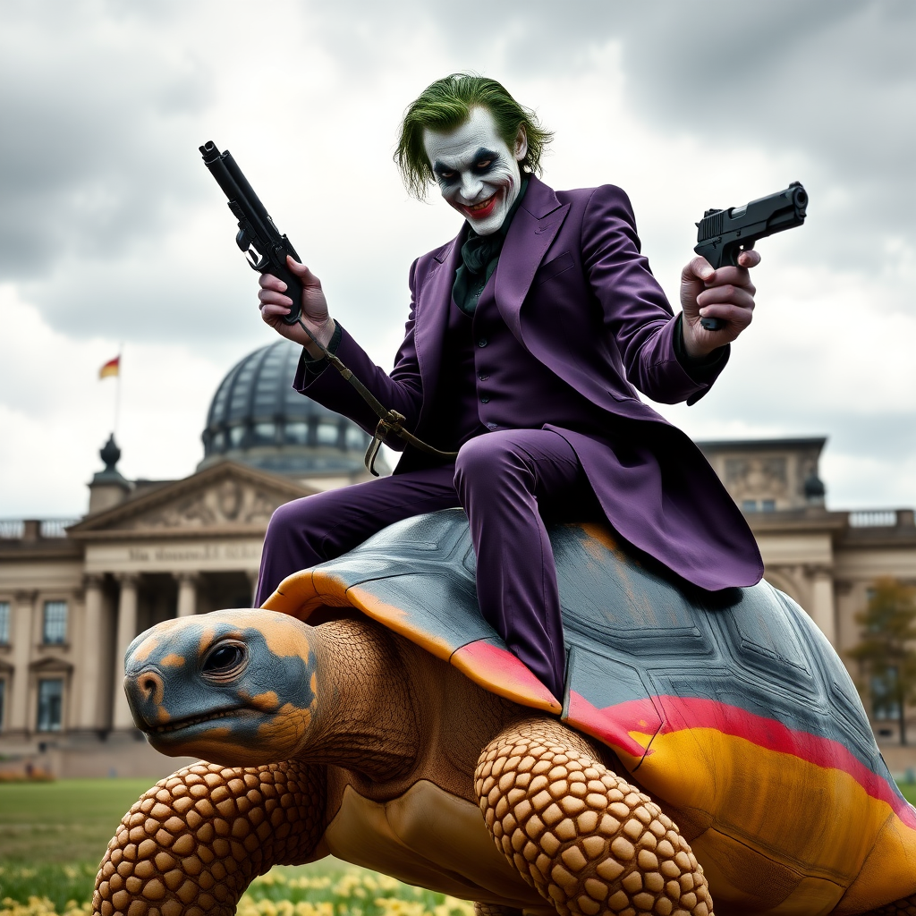 A photorealistic image of the Joker, wearing a dark purple suit with a black shirt, riding on the back of a large turtle. The Joker holds the reins of a bridle in his right hand, while in his left hand he holds a pistol. The turtle's shell is painted in the colors of the German flag (black, red, and yellow). In the background, the German Bundestag building can be seen, with its recognizable dome and grand architecture under a cloudy sky. The scene combines a surreal and whimsical mood with a hint of menace in Joker's expression.