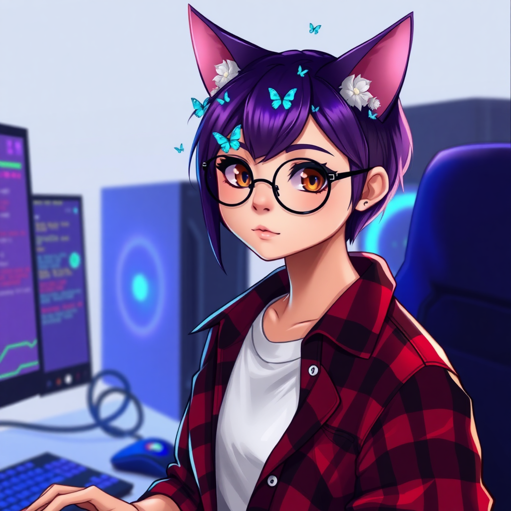 female cat-man without breast/flat chest serious chestnut color with small blue butterflies on the head, with a purple undercut hairstyle, hazel eyes, wearing semi-round glasses, a red and black checked shirt open with a white t-shirt, in front of a gaming PC, in digital art