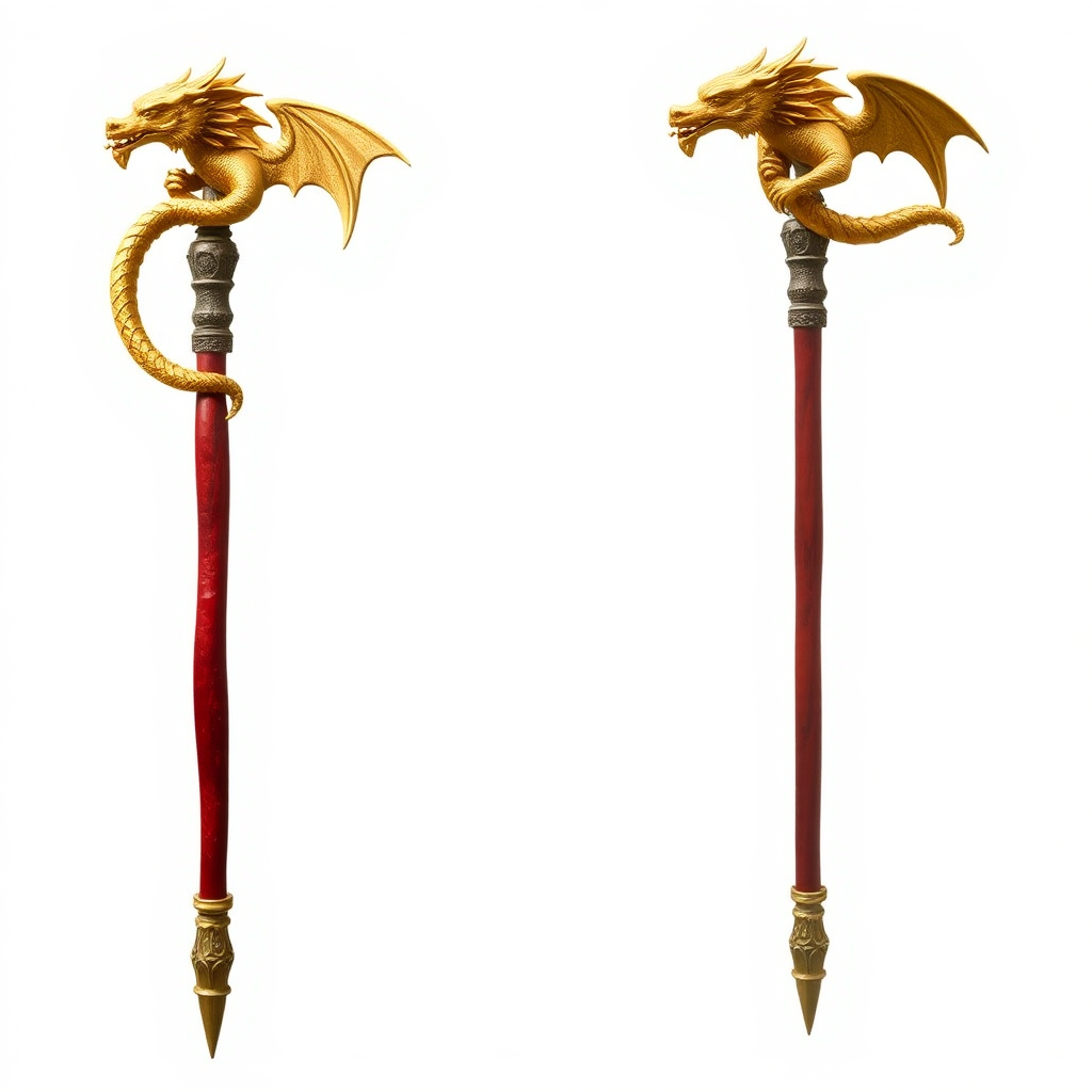 a wizard's staff with a red wooden handle, a golden dragon at its top whose tail wraps around the length of the handle. I want to see the entire object with the full length of the handle. All of this in the fantasy style and the universe of Dungeons and Dragons.