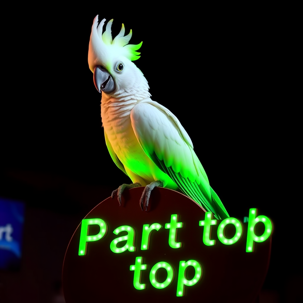 A cockatoo sitting on a sign with glowing green letters that read "Art Parrot top"