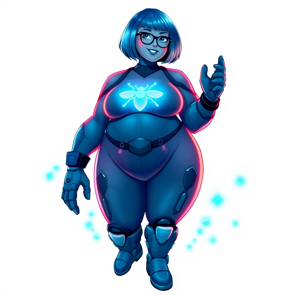 A heavily, extremely, and intensely pampered nerdy full-figured middle blue skinned digital sidekick, a 28-year-old computer major, has been transformed by her doting vigilante boyfriend. Her middle blue skin and bob cut seamlessly integrate with her data, and her neon blue eyes glow with intelligence. Her physique, now showcasing a gargantuan round midsection, massive limbs, and broad shoulders, contrasted by a slim face, clearly reflects her indulgence and pampering. Her full figure is prominently highlighted, with her prominent, gargantuan, round midsection and massive limbs emphasizing her pampered sidekick status. As the loyal and supportive sidekick, she plays a crucial role in their missions, using her digital prowess to assist and protect.

She wears a digital maximum blue bodysuit, featuring a neon blue glowing beetle chest icon, digital maximum blue boots, and matching high-tech gloves. She bashfully giggles with a neon red blush, emitting neon blue data cubes from her body. Her full figure, now gargantuan and heavily emphasized by her nerdy appearance, clearly shows how pampered she is. Her nerdiness is accentuated by her black oversized eyeglasses.

Her outfit, influenced by DC’s Jennifer Knight Phantom Lady, remains distinct. Adding to her pampering, she serves as his minicomputer, traveling in his high-tech wristwatch and supercar’s computer system. Using her ability to hack into computers and machines, she relays crucial knowledge relating to his missions.

Her prominent, gargantuan, rounded midsection and massive limbs are on full displayed, emphasizing her indulgence and pampering while maintaining her nerdy physique. She is on a solid white background. She is drawn as if she was in a retro 2D cyberpunk fighting game. Ensure her midsection is round.