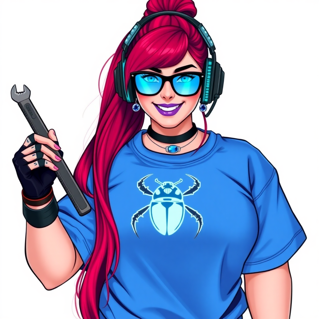 An intelligent and tech-savvy 29-year-old computer hacker and tech genius. She has a long ruby red ponytail. She wears maximum blue lipstick, blue eyes, a sapphire beetle gemstone necklace, sapphire earrings, black eyeglasses, hi-tech power gloves, and an oversized maximum blue t-shirt featuring a neon blue glowing beetle chest icon. She has a gargantuan full-figured physique with a prominent round gargantuan midsection, reflecting her well-cared-for lifestyle. She sports a sapphire headset with a hi-tech maximum turquoise lensed HUD, and a beaming smile accentuated by a passionate neon red blush. She serves as his tech expert from his hideout, holding a futuristic tool wrench and a futuristic digital tablet. The background is solid white. She is drawn as if she was in a retro 2D cyberpunk fighting game.