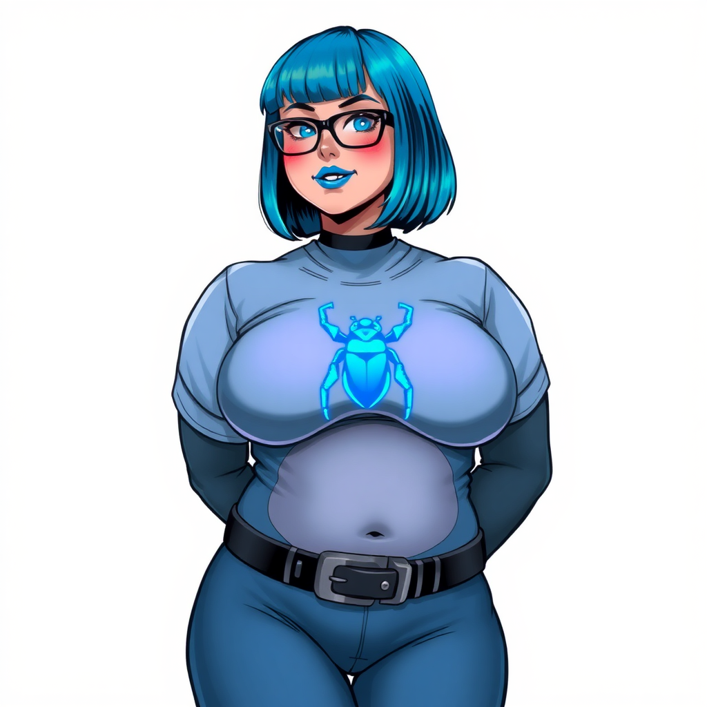 A 28-year-old, full-figured, middle gray metallic-skinned computer program-human hybrid with a maximum blue bob cut. She has a non-athletic build, highlighted by a prominent, round, large midsection (with a full emphasis on her belly). As a digital sidekick, computer hacker, and nerdy girlfriend to her cyberpunk vigilante boyfriend, her middle gray metallic skin and maximum blue lipstick emphasize her digital nature. She wears a tight-fitting, maximum blue t-shirt with a neon blue beetle chest icon, a black belt with a sapphire scarab buckle, and black gloves. Her bright blue eyes, black eyeglasses, and lovestruck smile with neon red blush accentuate her nerdiness. She stands bashfully with her hands behind her back, her bodysuit covering all her skin and emphasizing her full-figured, non-athletic physique. She is on a solid white background. She is drawn as if she was in a retro 2D cyberpunk fighting game. She is clearly non-athletic, with emphasis on her full-figured and pudgy physique. Ensure her shirt covers her midsection (especially her large belly).