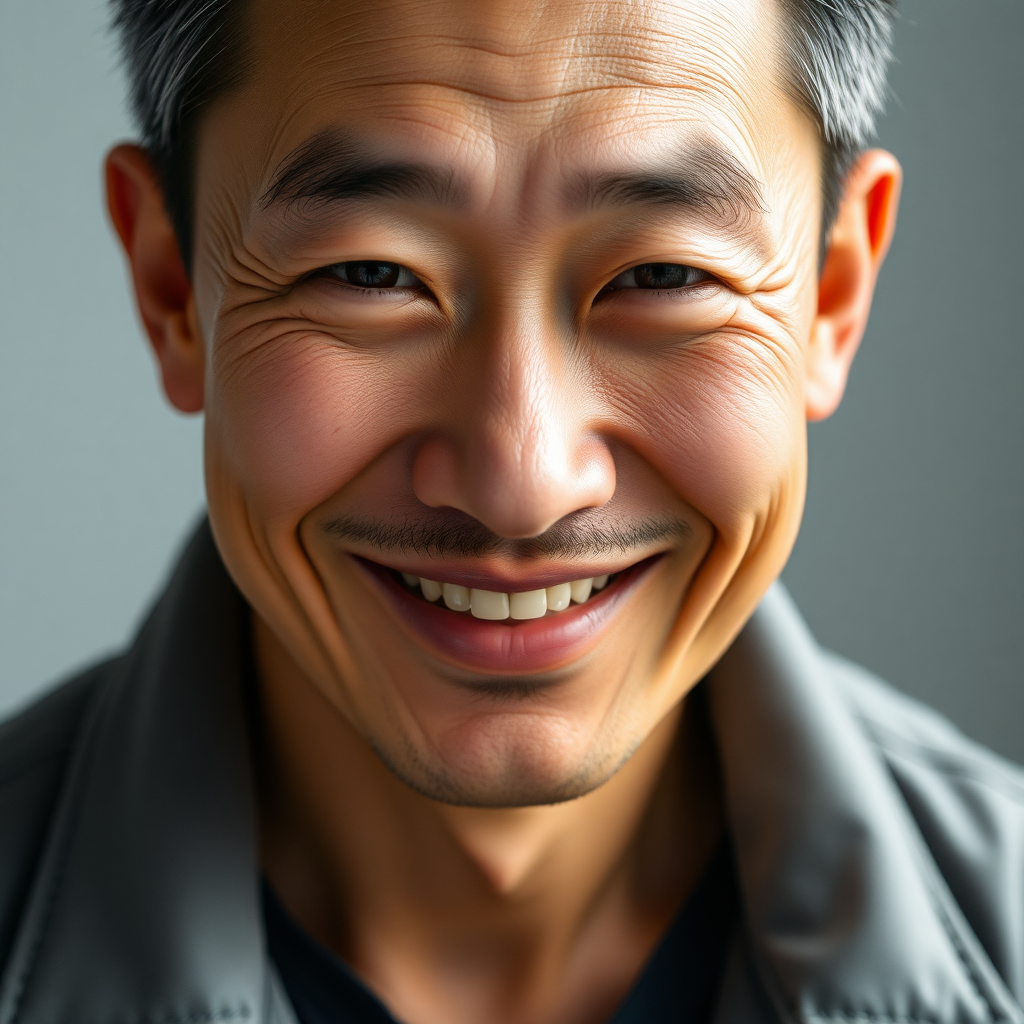 a photo of the face of a 38-year-old asian man smiling with mouth closed