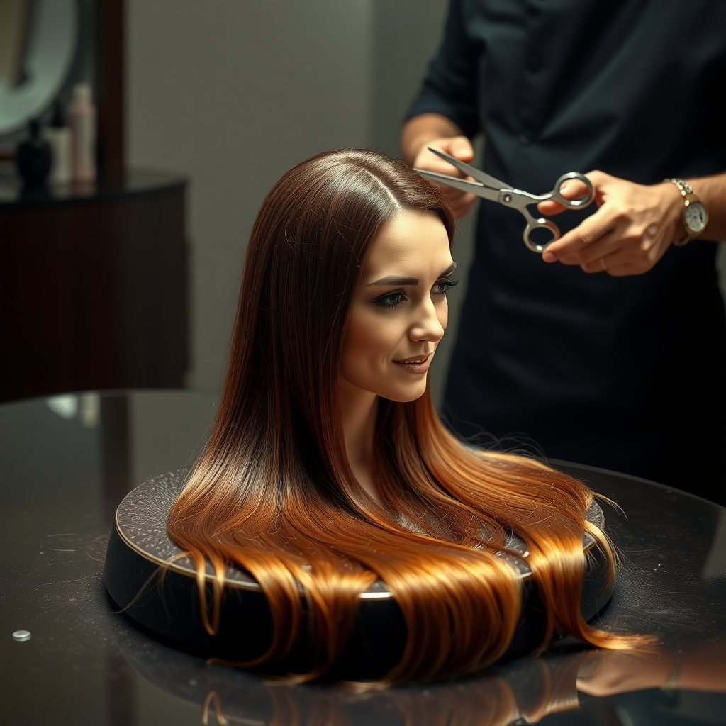 In a bizarre, surreal tableau, the polished surface of an elegant dining plate cradles the disembodied head of a strikingly beautiful Kate Middleton, her long, flowing hair cascading like a glossy waterfall of deep chestnut and honey highlights. The hair is luxuriously arranged, strands shimmering under the soft, ambient light that bathes the scene in an ethereal glow.

A skilled hairdresser, clad in a sleek black apron, stands poised with a pair of gleaming scissors, carefully trimming the endlessly luxurious locks that frame Kate's serene, almost ethereal features. The air is thick with the scent of salon products mingling with delicate hints of floral fragrances, creating an unusual yet strangely inviting atmosphere. The hairdresser's focused expression reveals a meticulous dedication as snippets of hair fall gracefully onto the pristine plate, echoing a sense of both artistry and absurdity.

The overall emotional tone conveys a dreamlike quality, inviting viewers to ponder the juxtaposition of beauty, identity, and the bizarre circumstances that bind them in this extraordinary moment.