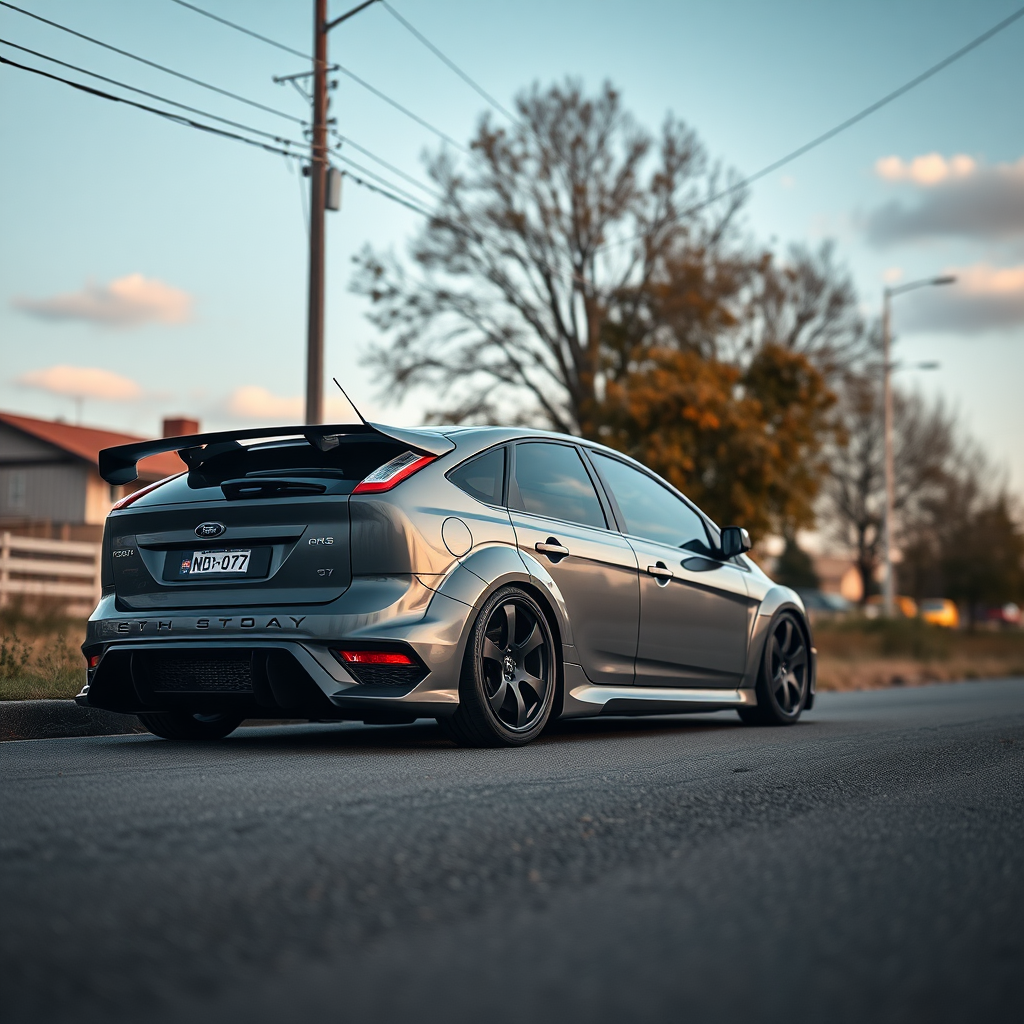 #AIart #flux1 #aiart #aiphotography #photorealism #flux1pro ford focus rs 2009 car is parked on the side of the road, inspired by Taiyō Matsumoto, tumblr, restomod, nd4, c4