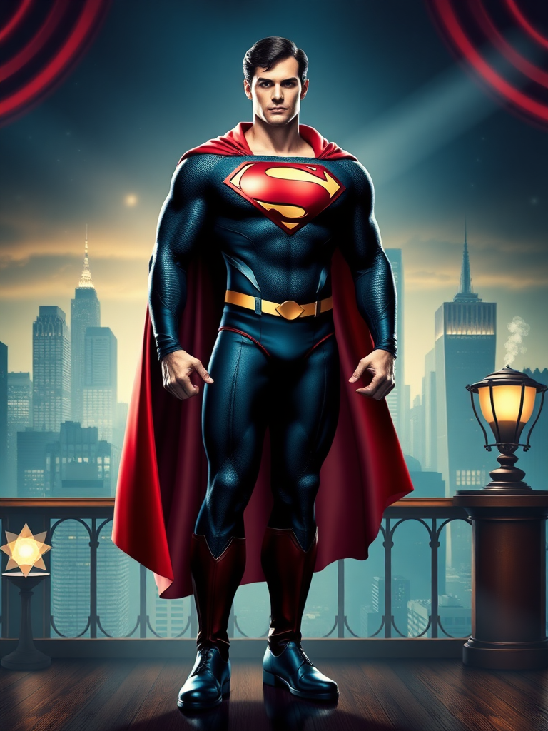 Generate a full-length image of Superman, but change the body type to that of Zatanna. The character should wear Superman's iconic costume with the emblem and colors, alongside Zatanna's signature accessories like her magician's hat and cape. The background should be a blend of both characters' environments, featuring a city skyline along with elements of a mystical stage setting, such as magical props and lighting. The pose should reflect strength and elegance, showcasing both the superhero and stage magician attributes seamlessly.