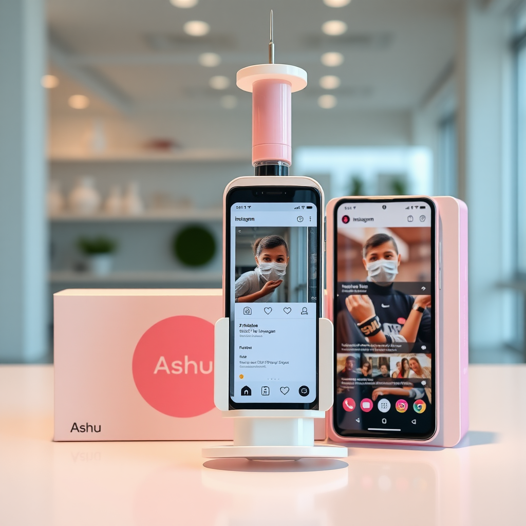 A close-up straight front view of a mobile phone in the shape inspired by a syringe, white pink futuristic, kept for sale leaning to a box with text Ashu and minimal design, in a showroom, metallic body, touchscreen phone with Instagram page open on screen, needle on top, whitepunk.