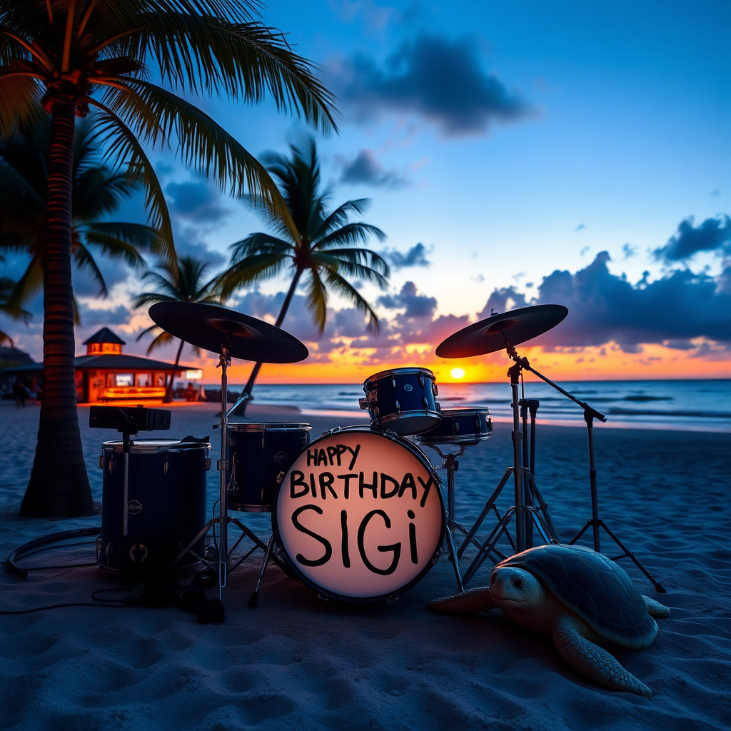 Drumset on beach with palms and bar, white bass drum spelling the words "Happy Birthday Sigi" sunset, turtle