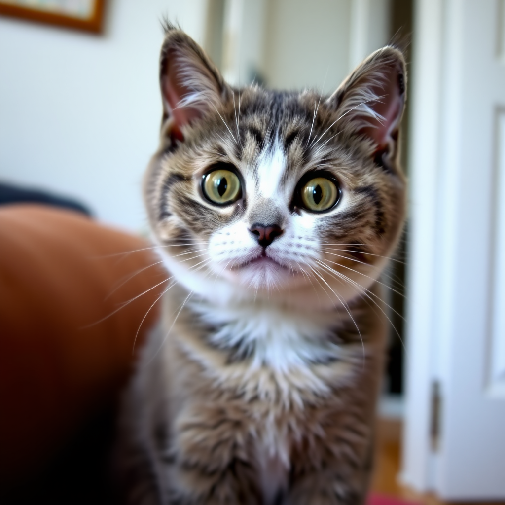 In the room, there is a gray and white cat, adorable, chubby, with big pupils.