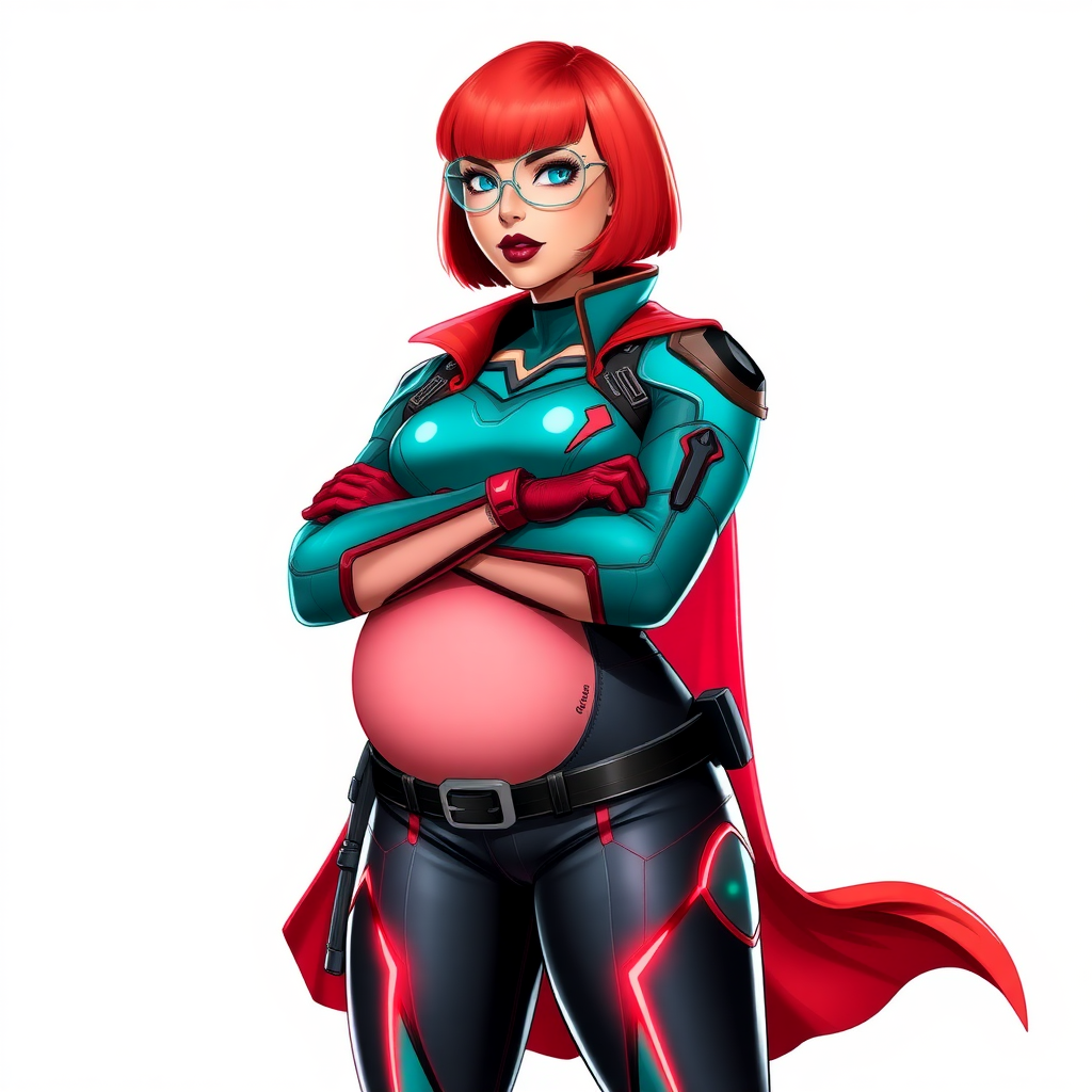 A 26-year-old heavy-set, magical girl vigilante detective with a bright red bob cut, black lipstick, and piercing bright blue eyes. She has a new non-athletic build, now highlighted by a prominent, round, gargantuan midsection (with full emphasis on her belly), which shows the aftermath of her vigilante big brother figure's pampering. Despite her new physique, she displays her usual confidence. She wears a high-tech, tight-fitting, maximum turquoise biker suit (accentuating her gargantuan belly), complemented by a glowing neon red cape and high-tech red gloves. Her stance is firm and resolute, arms crossed, exuding a no-nonsense attitude. Her costume reflects the influence of DC New 52 Prime Earth’s Phantom Lady, Jennifer Knight, while her pose embodies the moral ambiguity and determination reminiscent of DC’s Pax Americana’s The Question. She is on a solid white background. She is drawn as if she was in a retro 2D cyberpunk fighting game.