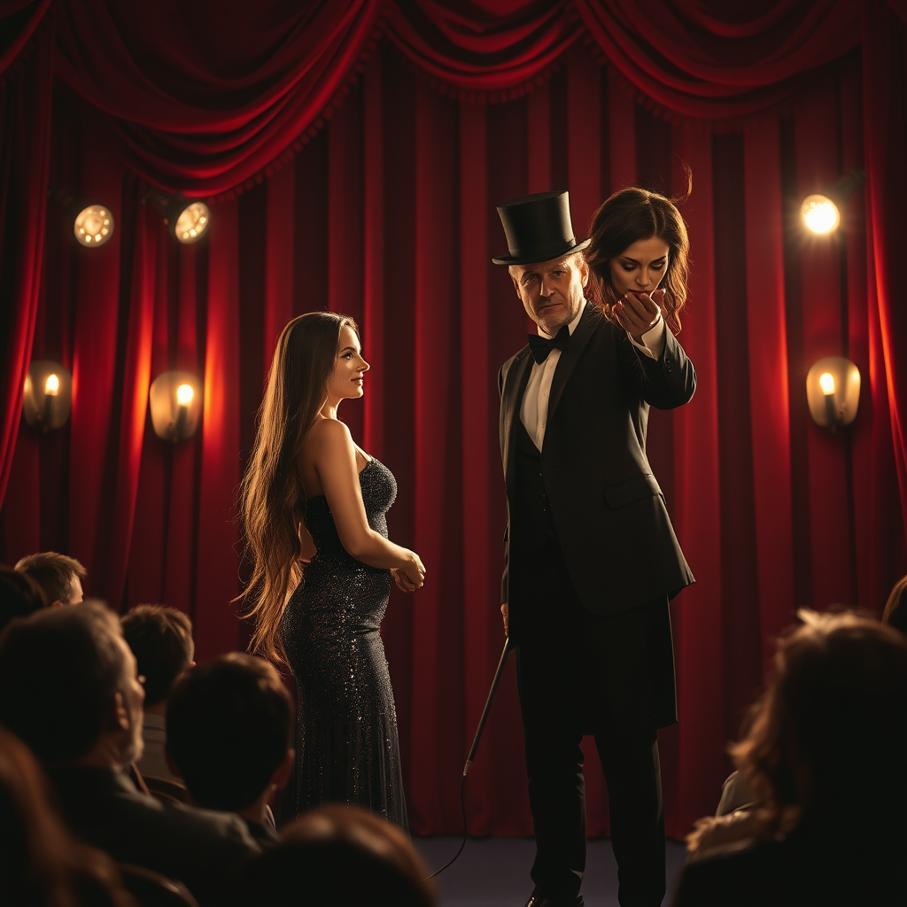 In a dimly lit magician's theater, the atmosphere is thick with anticipation as the audience eagerly awaits the next mesmerizing act. The stage, adorned with luxurious velvet curtains in deep crimson, glimmers under the soft flicker of vintage spotlights. A beautiful female magic assistant, her hair cascading down her back like a shimmering waterfall of silken strands, stands gracefully beside the magician. She wears an elegantly fitted costume that sparkles with silver sequins, catching the light with every subtle movement, while her expressive eyes radiate a mixture of trust and excitement.

As the magician, clad in a classic black tuxedo complete with a top hat, prepares for his grand illusion, the tension in the air is palpable. He raises his hand in a dramatic flourish, and with a flourish of his wand, the ambiance shifts to one of suspense. The audience holds their breath, captivated by the enchanting atmosphere.

In a sudden and theatrical motion, the magician performs the trick, his swift hands executing the illusion with a chilling precision. The moment hangs in the air as he reveals her severed head, the long hair flowing around it like tendrils of midnight. He holds her head high, his expression a mix of pride and showmanship, displaying it to the captivated crowd. The audience gasps in collective astonishment, a blend of awe and disbelief gripping their hearts as the eerie spectacle unfolds, the flickering lights casting unsettling shadows across the stage.

The scent of fresh popcorn mingles with the lingering tension as the magician basks in the triumph of his craft, the cool air vibrating with murmurs of fascination and horror.