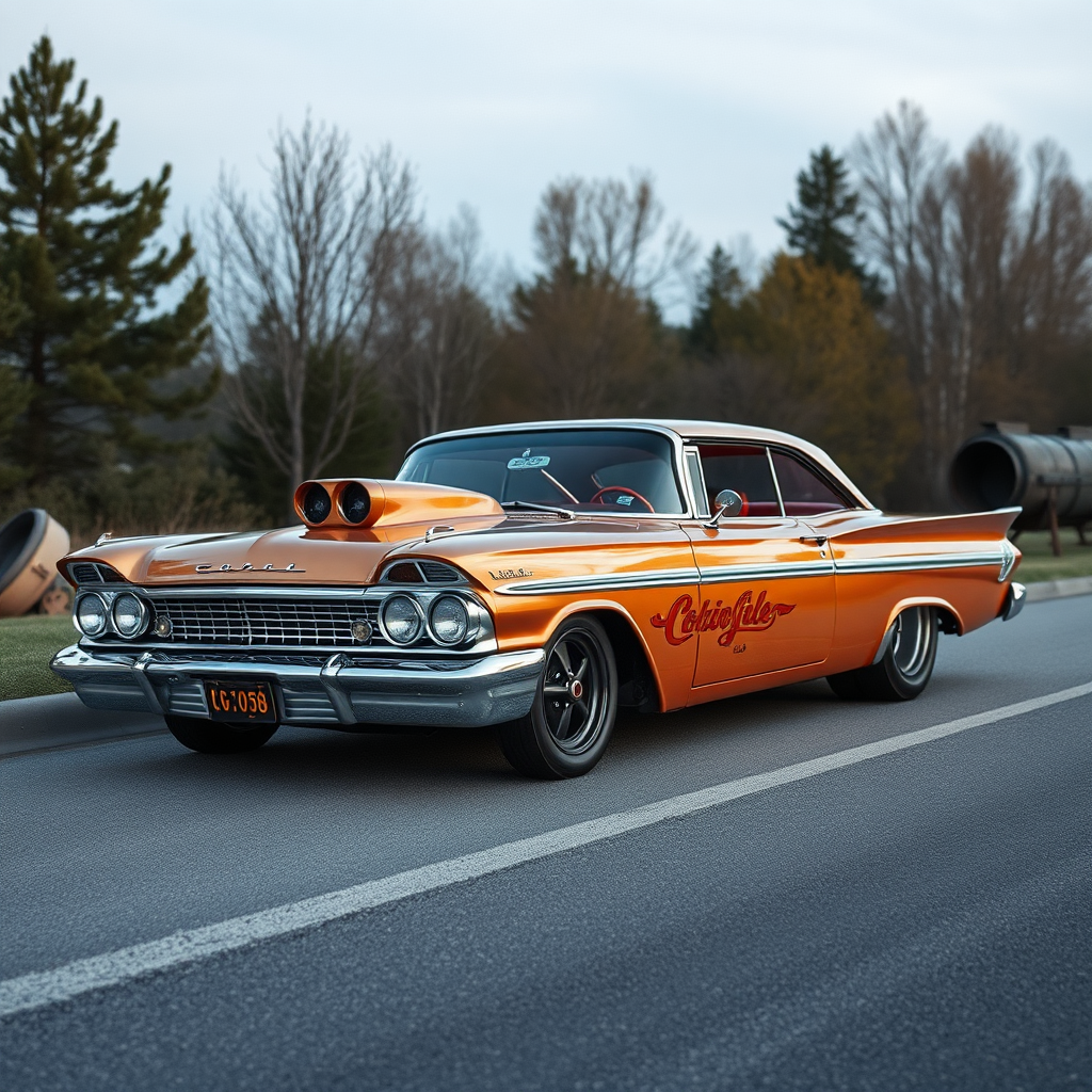 the drag car is parked on the side of the road, inspired by Taiyō Matsumoto, tumblr, restomod, nd4, c4 metallic shine classic american low rider custom ford