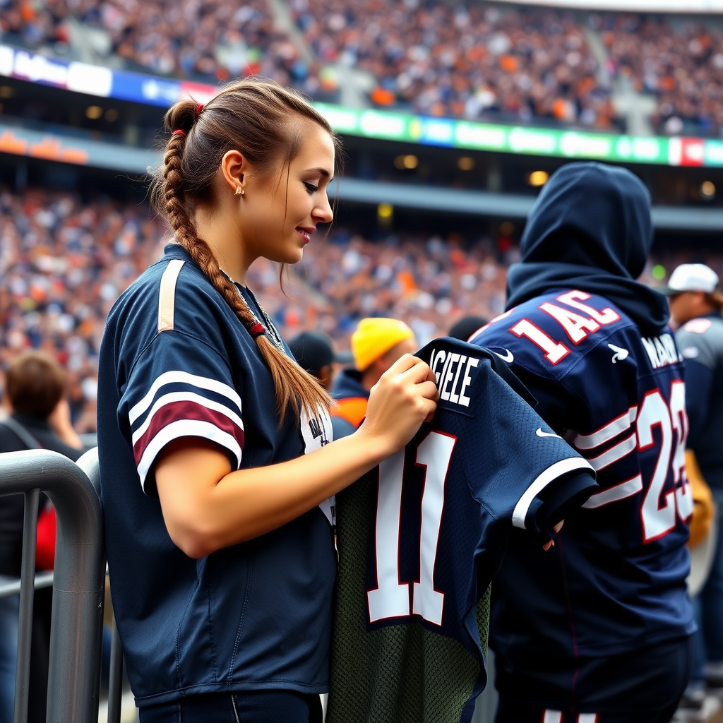 Attractive female NFL fan, pigtail hair, at crowded front row stadium barriers, holding a spare jersey, asking her favorite player to write an autograph on spare jersey, in NFL stadium