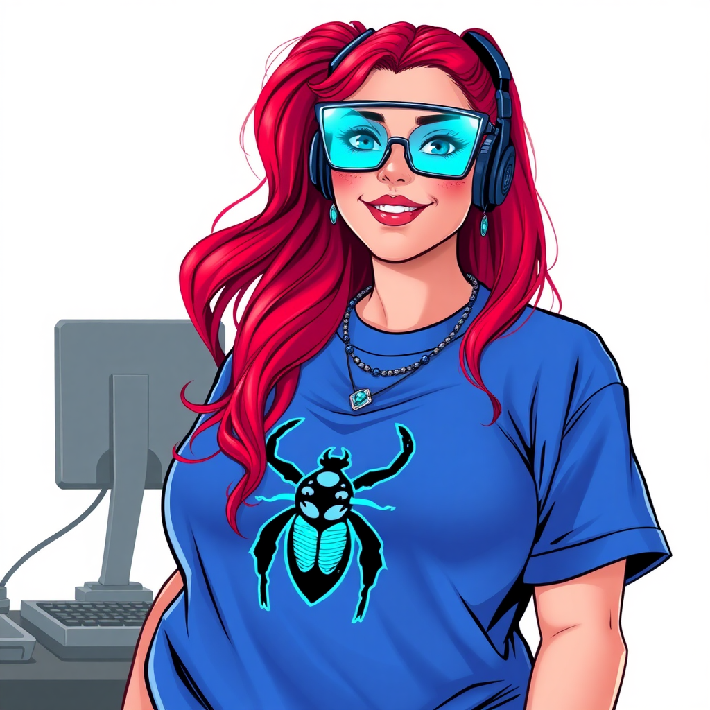 A cyberpunk vigilante’s full-figured intelligent and tech-savvy 29-year-old girlfriend, who is a computer hacker and tech genius. She has a long ruby red ponytail and bright blue eyes. She wears maximum blue lipstick, a sapphire beetle gemstone necklace, sapphire earrings, and an oversized maximum blue t-shirt featuring a neon blue glowing icon of a beetle on its chest. She has a full-figured physique with a prominent, enormous, round midsection, reflecting her well-cared-for lifestyle. She sports a sapphire headset with hi-tech maximum turquoise lensed HUD eyeglasses, and a beaming smile with a passionate bright red blush. Despite her figure and a lack of self-esteem, she radiates beauty. She has a slim face which contributes to her radiant beauty. She serves as his tech expert from his hideout, diligently working at her lab table and computer desk. The background is solid white. She is drawn as if she was in a retro 2D cyberpunk fighting game.