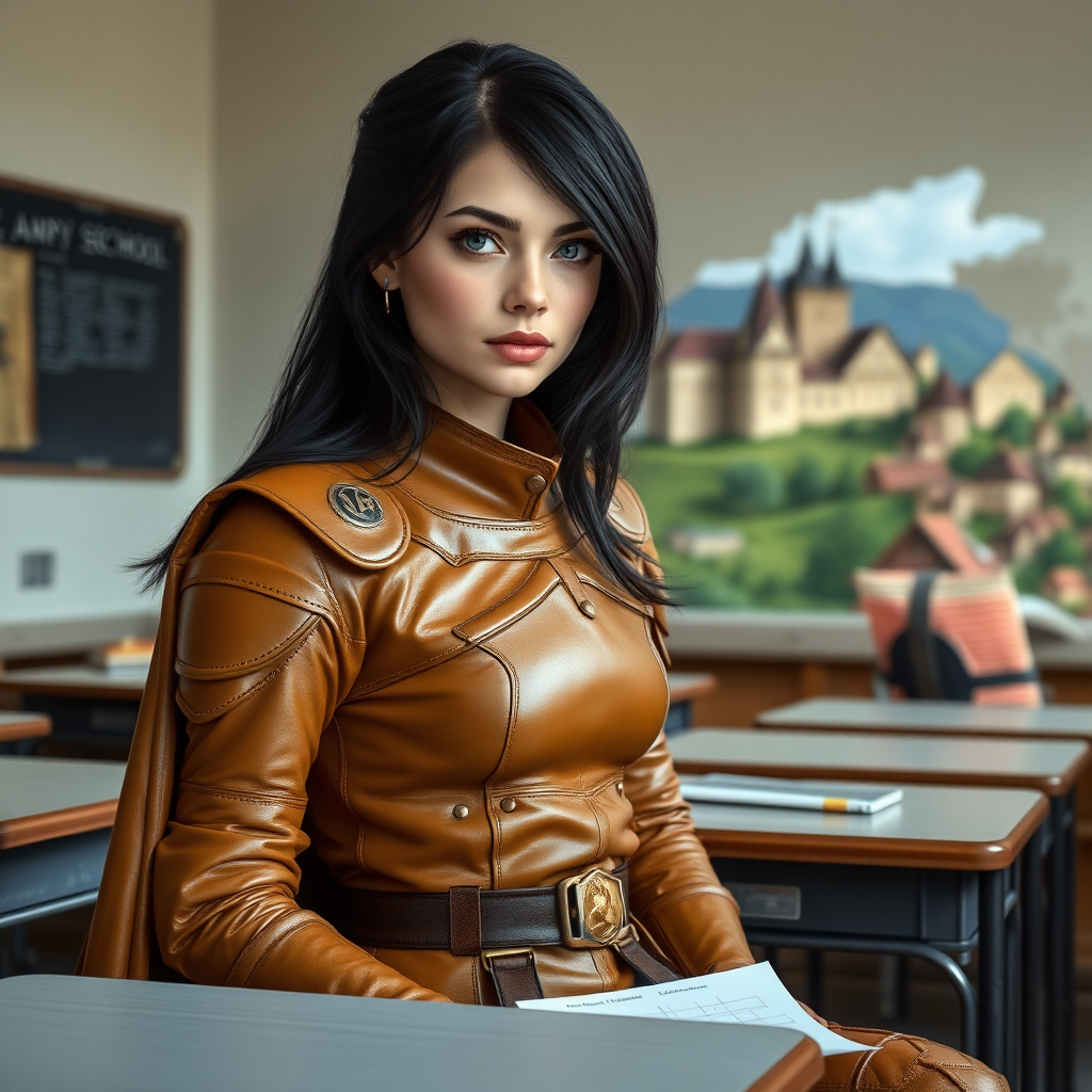 beautiful young woman, dark hair past her shoulders, blue eyes, small, slim figure, wearing tan full leather armor suit with long cape, sitting in a school classroom at student desk with the wall missing with a beautiful medieval village in the background.