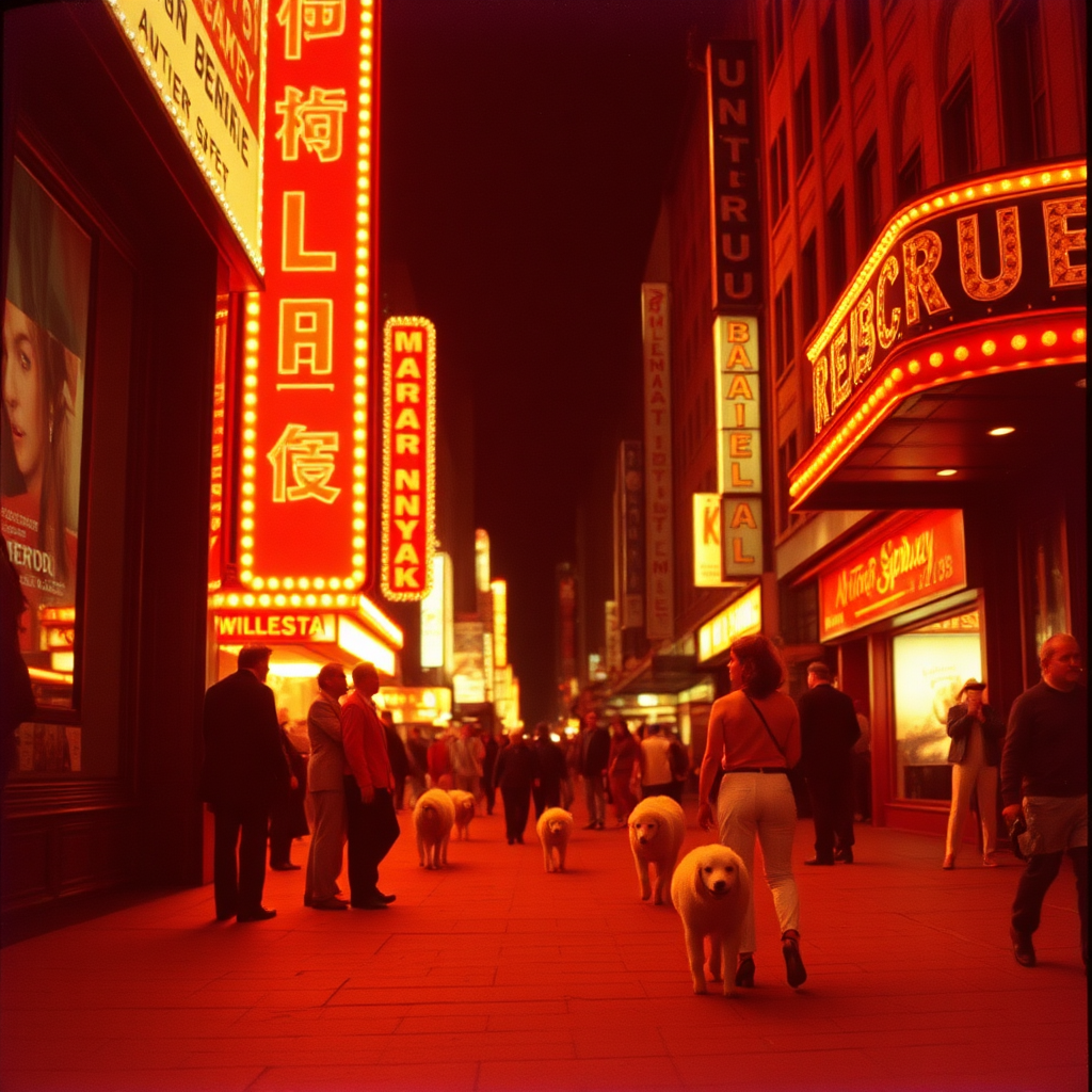 highly detailed Kodachrome color real photograph from 1974 of And the lamb lies down on Broadway  
Suzanne tired, her work all done  
Thinks money-honey-be on-neon  
Cabman's velvet glove sounds the horn  
And the sawdust king spits out his scorn  
Wonder women, you can draw your blind