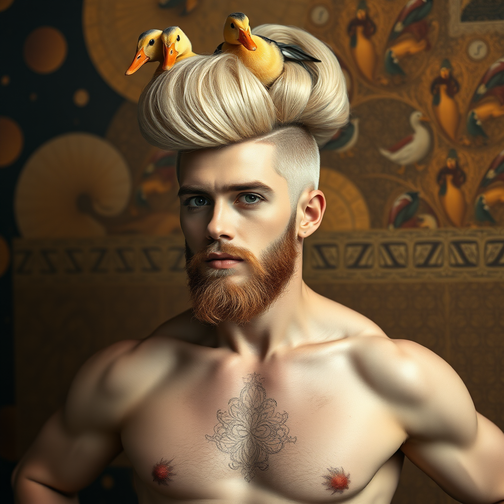 The background is a painting by Gustav Klimt. A 4K hyper-realistic photograph in the style of Kandinsky, blending surrealism with kitsch. The subject is a man with an extravagant, Italian blond haircut, styled in a flamboyant bun, paired with a sexy, Masculine look. He sports a neatly groomed, three-day beard — short, evenly distributed, with a light shadow effect across the chin, jawline, and cheeks. His makeup is dramatic, like a drag queen, adding to the boldness of his appearance. He has a muscular, athletic build. He’s naked, standing confidently with his hands on his hips. Above him, smaller ducks rest playfully on his head.