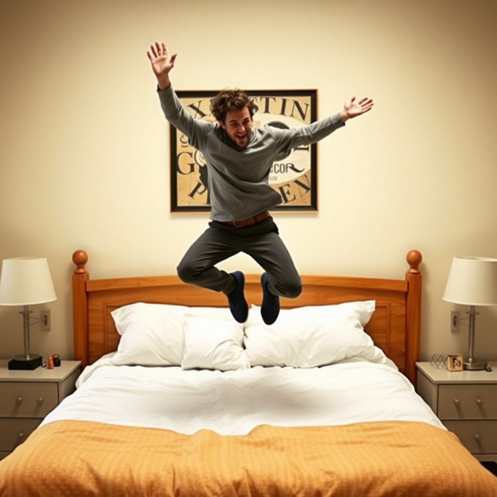 Guy jumping to his bed. His bed embraces him.