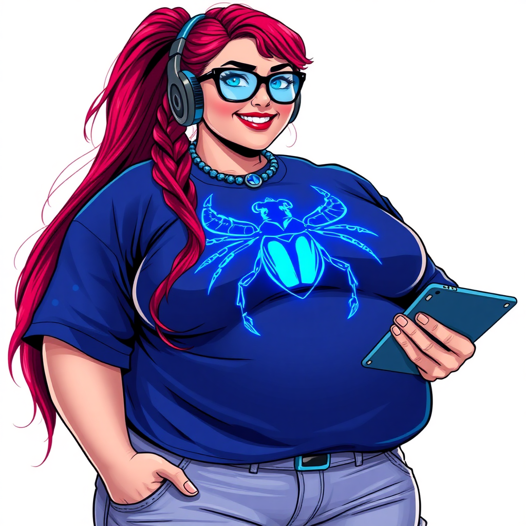 A cyberpunk vigilante’s full-figured intelligent and tech-savvy 29-year-old girlfriend, who is a computer hacker and tech genius. She has a long ruby red ponytail and bright blue eyes. She wears a sapphire beetle gemstone necklace, and an oversized Maximum Blue (RGB 71, 171, 204) t-shirt featuring a giant neon blue glowing icon of a beetle on its chest. She has a full-figured physique with a prominent, gargantuan, round midsection, reflecting her well-cared-for lifestyle. The midsection is heavily emphasized. She sports a sapphire headset with hi-tech Maximum Blue (RGB 71, 171, 204) lensed HUD visor, Maximum Blue (RGB 71, 171, 204) lipstick, black eyeglasses, and a beaming smile with a passionate bright red blush. Despite her figure and a lack of self-esteem, she radiates an air of beauty. She has an angular face which contributes to her radiant beauty. She serves as his tech expert from his hideout, holding a holographic tablet and a hi-tech tool wrench. The background is solid white. She is drawn as if she was in a retro 2D cyberpunk fighting game. Make sure her shirt covers her round midsection.